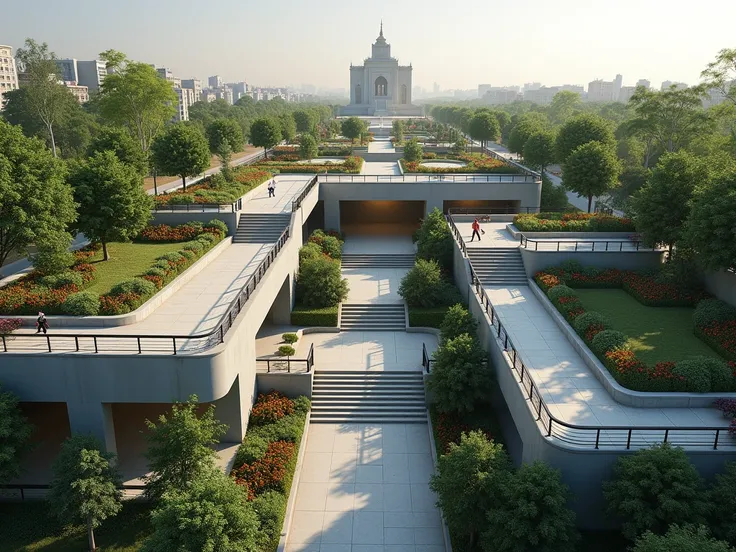 underground parking roof with terraces and trees, flower beds, benches, park lighting, stairs and ramps leading to the parking lot, daylighting, a landscaped area in the middle of a city square, surrounded by driveways, with a temple in the background