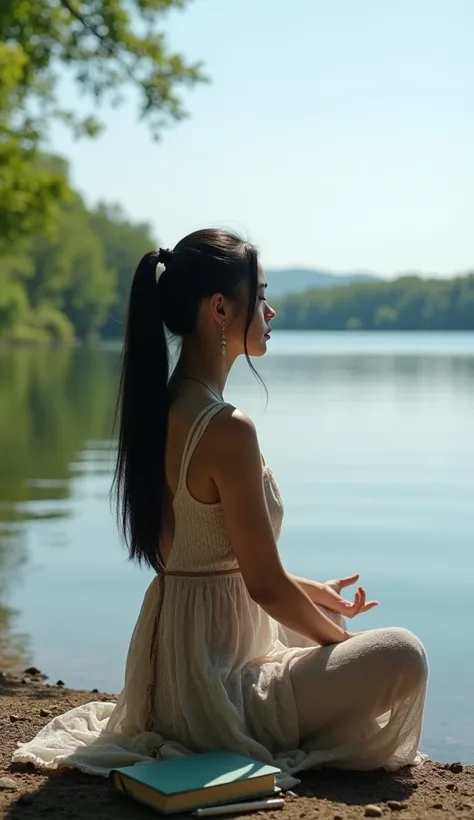 "A quiet and reflective photograph of a person sitting quietly by a quiet lake. A low angle shot of a beautiful half Japanese-Korean woman with long straight black hair tied in a ponytail, dressed in a bohemian, hippie style, and a very sexy figure, medita...