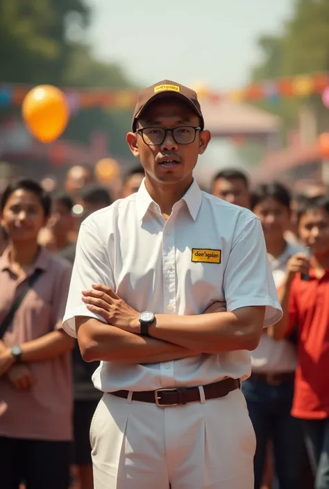 hyper realistic, ultra hd photo result from kodak camera an Indonesian man, thin body wearing a brown cap, white shirt, logo biji kopi white pants (with glasses). standing straight giving a speech in the middle of a crowd, carrying the "deeKopian" text log...