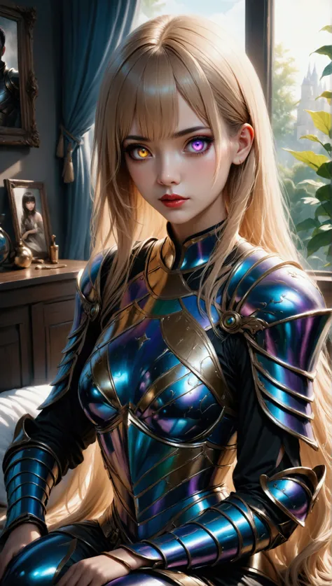 (masterpiece, aesthetic, detailed eyes, realistic), 1girl, mahiru shiina, angel next door spoils me rotten, Long smooth straight golden hair, purple to golden gradient eyes, sitting in a room in  fantasy armour, super detail, best quality, 8k