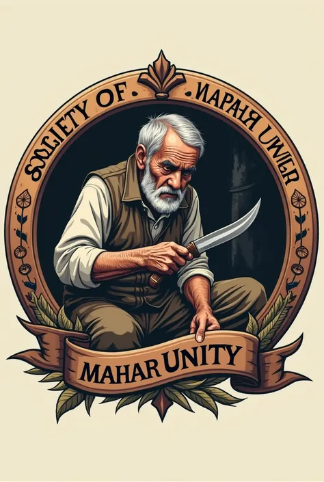 creat logo Nepali old and poor man making khukuri in small inside of logo and outer line  write letter in society of mahar unity 
