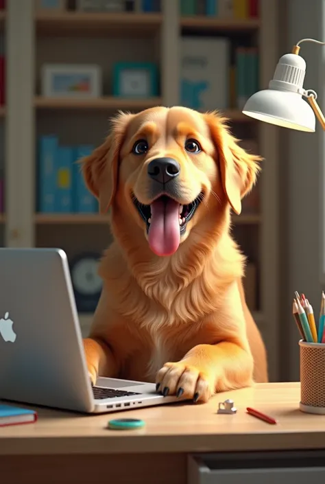 Create a real image of a an over excited golden retriever sits on a study desk using laptop, display the sense of achievement and exaggerated the expresion of excitement