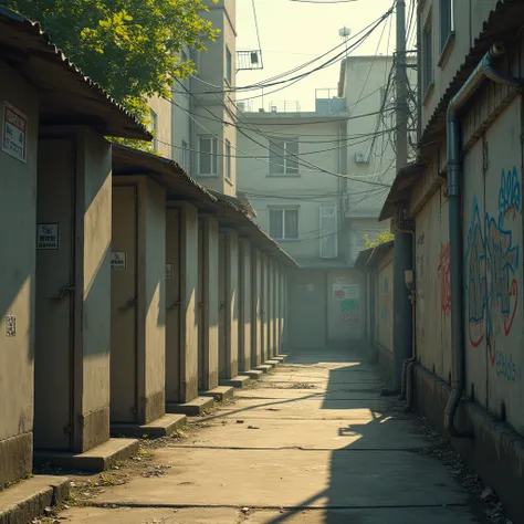 A row of public squatting toilets in an alley. Urban outskirts, summer