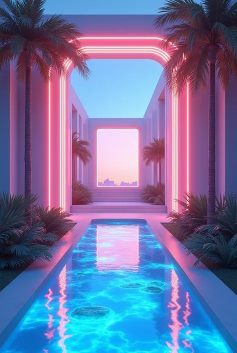  futuristic architectural frame ， with neon lights from behind ，flora， palm tree 。超凡脱俗的大叶flora。Botanical Gardens,  cyberpunk, Vaporwave, Surreal Desert Scenery， highly detailed and realistic iridescent ice blue and gold themed pool,  in a critical space an...