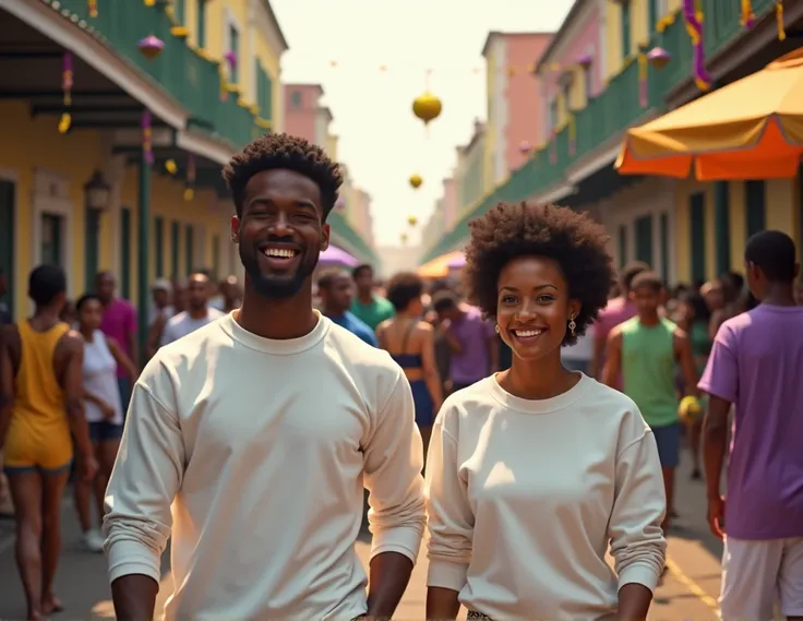 black couple wearing plain white sweatshirts walking in a street, mardi gras festival