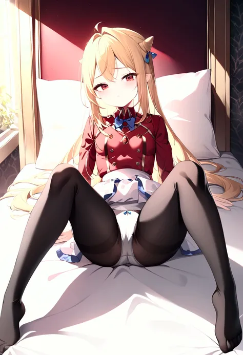  high image quality 、masterpiece、  High Quality   、Full HD、4K 、 long golden hair 、Tie your hair in a bun、 red eyes、 slim、 small breasts、blush、 red and gold uniform 、White Skirt、 blue ribbon on the chest、 Black Tights 、 sit on the bed、 open legs 、white pant...