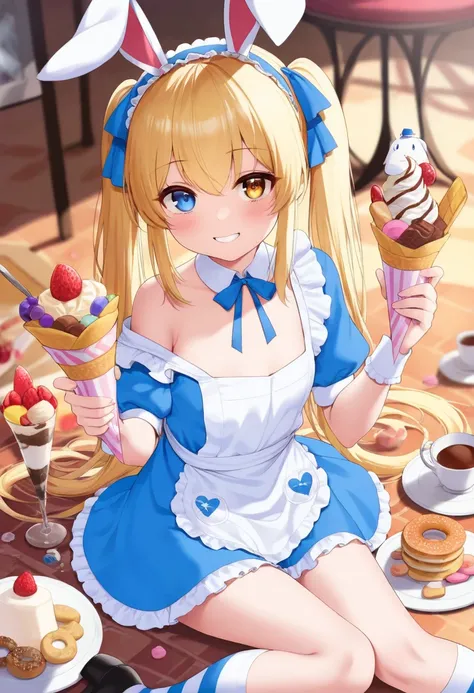 masterpiece, best quality, ultra detailed, hyper detailed, insanely detailed, beautiful, alice in wonderland,lolita, female naked, soft serve ice cream, cake, pancakes, pudding, crepe, parfait, cookie, macarons, doughnut, smiling, sitting on the floor legs...