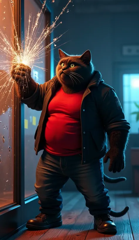 In cinematic 3D style, HD image ,colourful image, realistic image.
Character, muscular body Johnny big black cat wearing red t-shirt black jacket and Black jeans and black shoes
Action,It is getting very late, Muscular Johnny Big Black Cat broke the glass ...