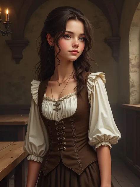 A young waitress in a medieval tavern with dark brown hair combed to the sides of her forehead, with long, wavy strands cascading down to her shoulders. Her face is ugly and she doesnt smile at her customers because of the shame of her large, curved front ...