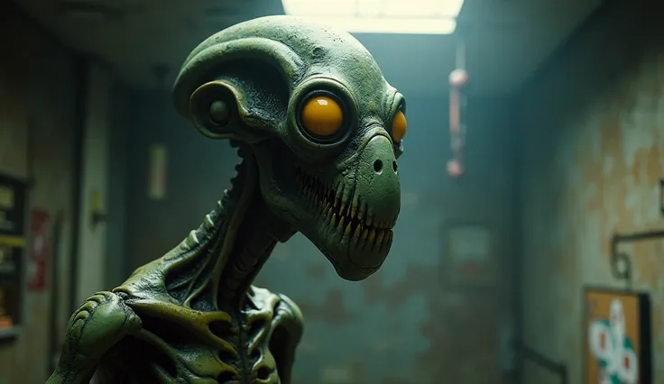 humanoid with a deformed octopus skull, with a thin, pointed face, bulging yellow-white eyes, and a towering frame at least seven feet, hunched under the ceiling ,hyper realistic , UHD.