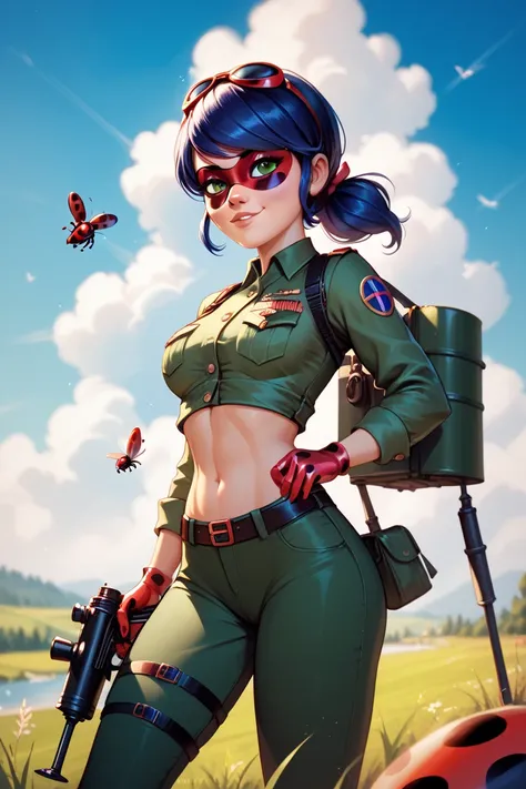 miraculous, ladybug, Marinette, military uniform, war, sexy, bare belly, shooting minigun