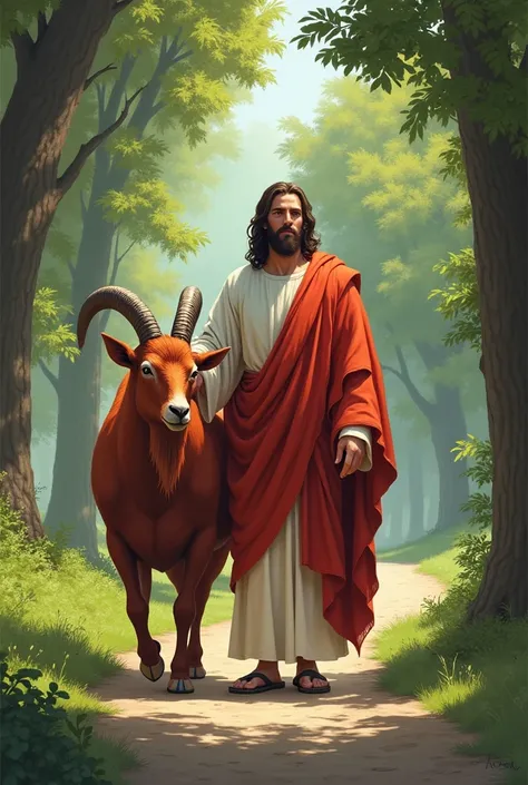 Jesus  and  a red very big goat roaming  in the park