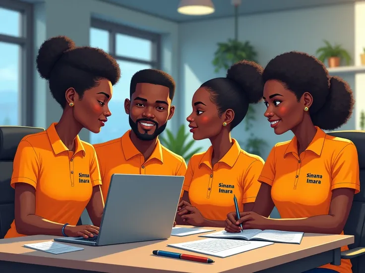 I want the images of African youths Two males and two females sitting in the office with their computers wearing the  pollo t-shirts with orange colour with the words Simama Imara