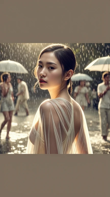 
“A young woman standing in the rain, illuminated by a glowing sunset in the background. Her wet hair is tied back, and a transparent fabric clings to her skin, drenched by the rain. Light reflects through the water droplets, creating a dreamy and dramatic...