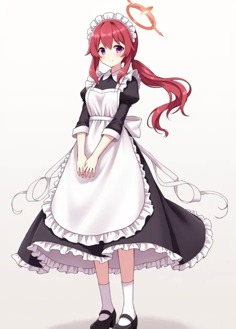 masterpiece,( top quality ,  illustrations, detailed face :1.3),( 1 girl,Alone:1.3), beautiful detailed eyes,   apron,  gradients _background,  gradients , Maid,   purple eyes ,red hair, small breasts,, break, enMaided, white_ apron, black_ dress,  ponytai...