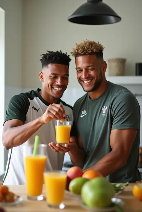 mbappe is making juice and erling  haaland is going to drink it. then they pose beautiful selfie.