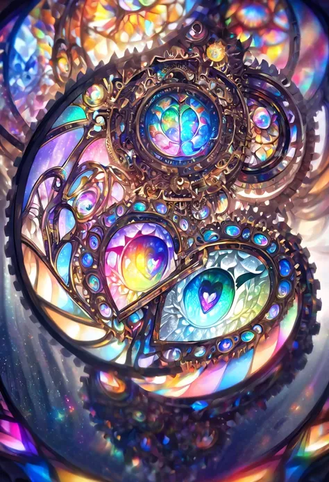 best quality, super fine, 16k, incredibly absurdres, extremely detailed, delicate and dynamic, stained glass kaleidoscope made of jewels of various colors, with mechanical mechanisms, clockwork mechanisms, and gear mechanisms, monochrome girl peering into ...