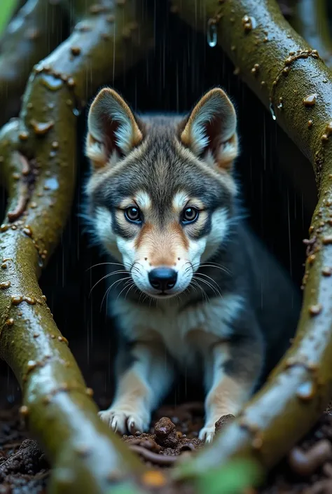 Raining, under the tree roots,wolf pup, close up photograph 