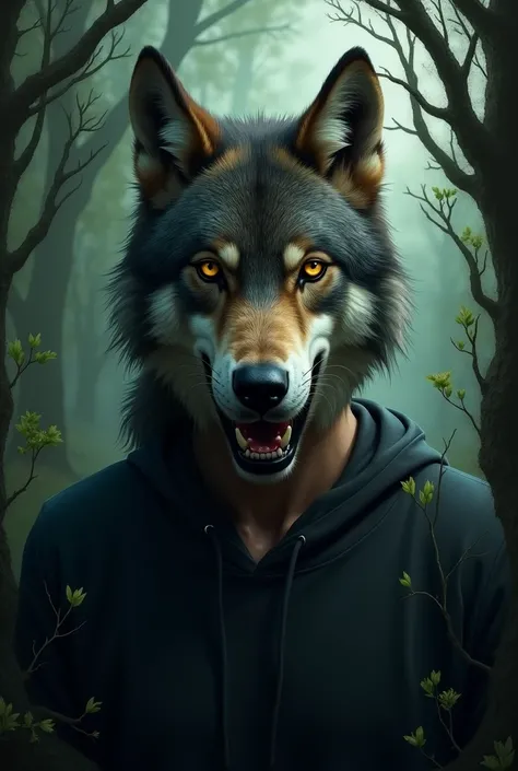 Man with half wolf face half face man, In a black sweater , Background Forest,  illustration, oil painting 