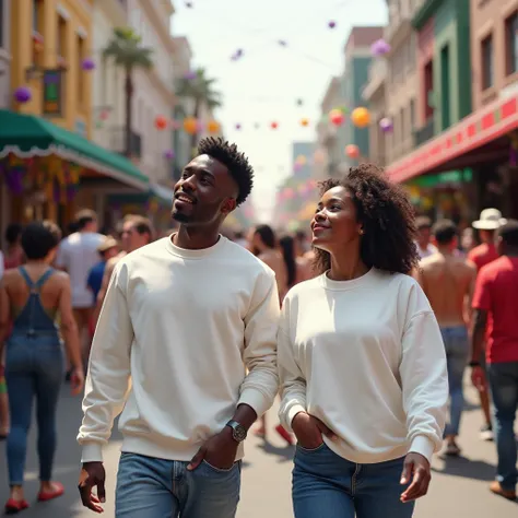 black couple wearing plain white sweatshirts walking in a los angeles street, mardi gras festival