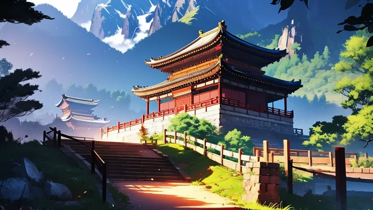 Chinese style, Immortal Saint Sect Mountain, Immortal Light, slightly elevated view, ((background:1.8))
