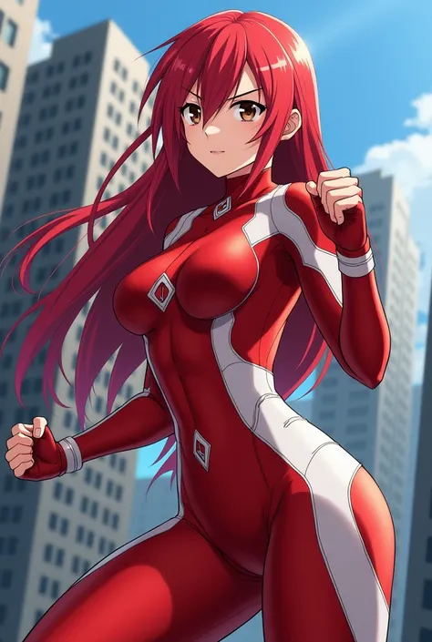  My Hero Academia style ,   anime girl , woman, young woman ,  full body shot ,( Fighting Stance :1.3),Long Hair,  red hair,  brown eyes , hero suit, Full Body Suit,  red suit with white details, perfect anatomy,  enhanced abs , super detailed,(building:1....