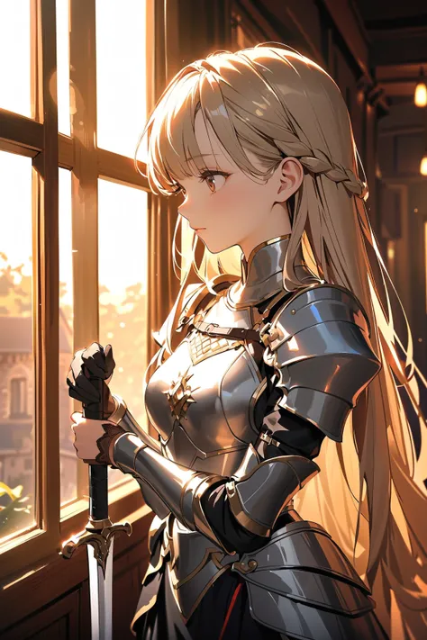 1 girl, (cute face), teenager, various hairstyles, (thoughtful expression), (gazing out a window), small breasts, slim, (wearing fantasy game style royal armor), above knee length, (porcelain skin),  
BREAK  
Castle tower, sunset view, (leaning against the...