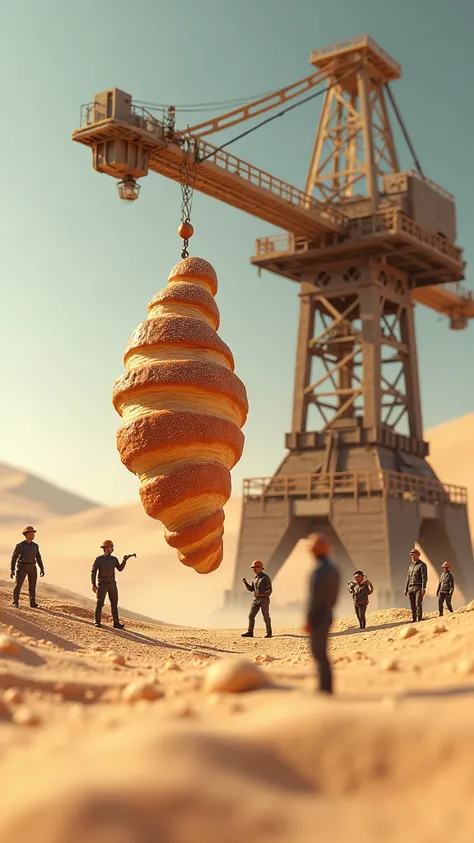 (masterpiece), (best quality), 8k, high detailed, ultra-detailed, Miniature figures operating a massive industrial crane to lift a giant croissant in a sugar dust desert  figures operating crane, (massive industrial crane), (giant croissant), (sugar dust d...