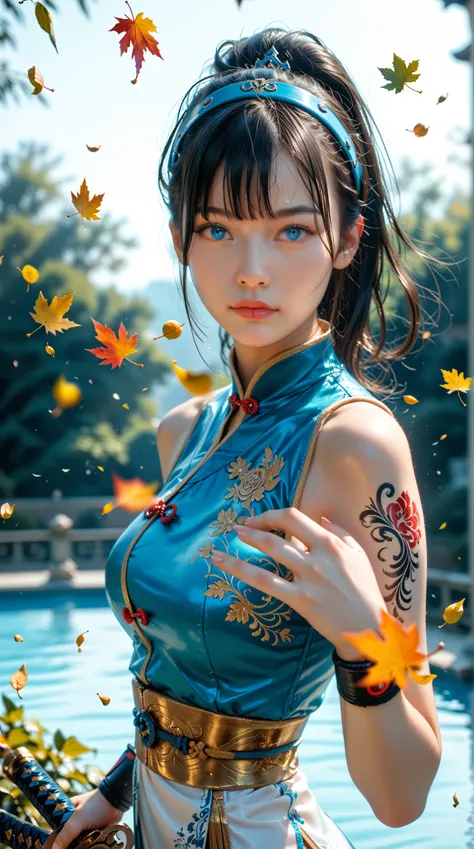 masterpiece:1.3,  top quality , ultra-high resolution,  super detailed ), (realistic, photorealistic:1.4),  Beautiful illustration ,
 Perfect lighting,   Aqua Blue Eyes , Tattoo, dark skin， Blue Black Hair ，
 natural light,  Depth of writing boundaries ,  ...