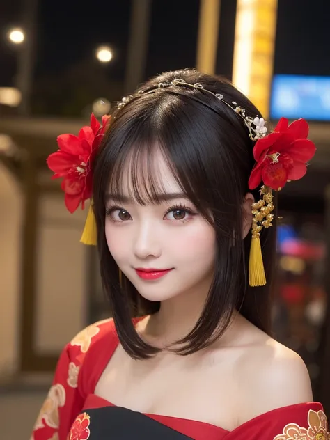 Whole body 1.9, Highest quality, shape, Very detailed, finely, High resolution, 8k wallpaper, perfect dynamic shape, Beautiful and beautiful eyes, ((The outfit is a Oiran costume)),　Straight hair,Small breasts、Natural Color Lip, Bold sexy pose,smile、20-yea...