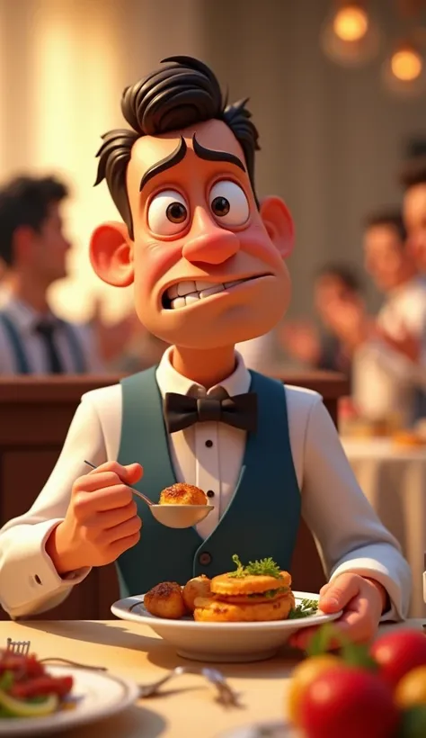 A man is eating in a wedding having a plate in his hand full of food his face expression is irritated, people in the background also eating, image type 3d cartoon, image ratio 16:9