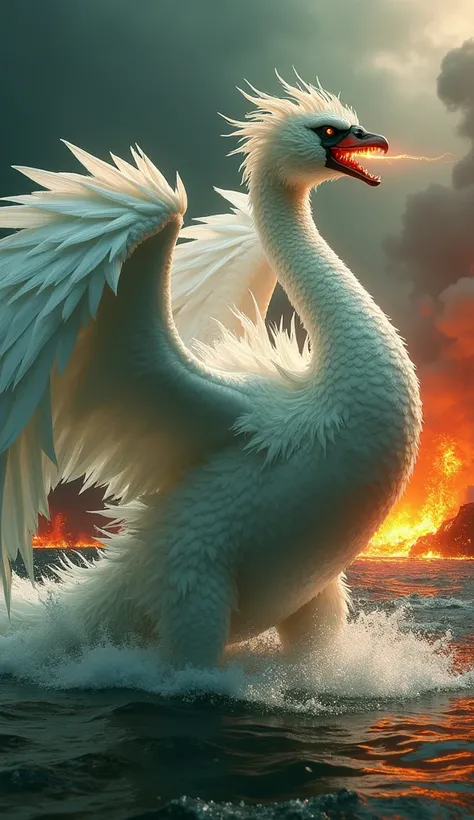 "A magnificent yet terrifying hybrid creature combining the elegance of a swan with the ferocity of a dragon. The creature has the long, graceful neck and feathery body of a swan, but its feathers are infused with iridescent dragon-like scales that shimmer...