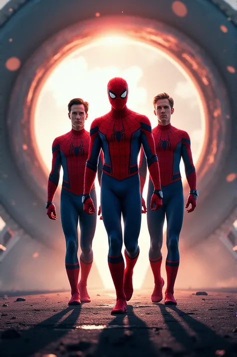 three spider men from different universes spider man tobey maguire spider man andrew garfield Tom Hollands Spider-Man. exit the portal to one place