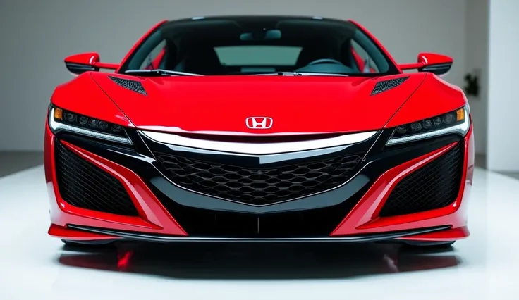  Close Front  view of painted red  with shiny clour 2025 Honda NSX  sleek in large shape sedan in large size with honda nsx  logo on its large detailed grille in shiny white clour with angular sporty design captured from front   view with modified sleek ba...