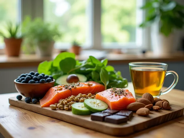 "A vibrant, fresh spread of brain-boosting foods on a wooden kitchen table. Include a variety of colorful ingredients such as blueberries, almonds, walnuts, dark chocolate, leafy greens like spinach, avocado slices, salmon, and a cup of green tea. The scen...