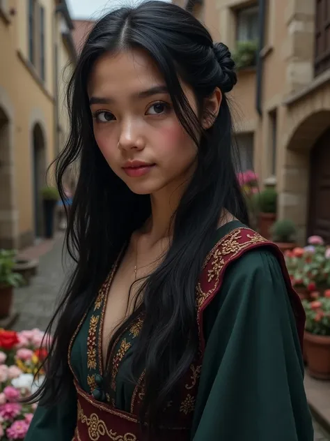 A Young Woman aged 26, she works selling flowers in the streets of a medieval castle. Her hair is black as night and down her shoulders and back. Her black eyes look like pearls at night and her facial expression is enchanting. Her appearance reflects char...