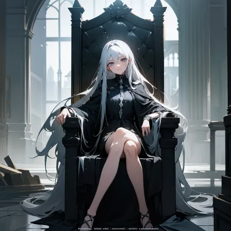 4k,(extremely detailed),(high quality),(best quality),(absurdres),(high resolution),(official ART),(masterpiece),(detail eyes),(anime style),A woman with long, flowing white hair sits upon a decayed throne. Her silvery-white locks shimmer faintly, contrast...