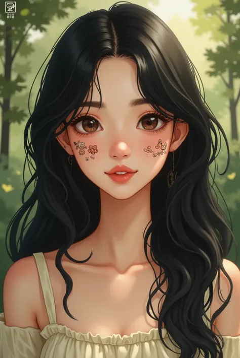 Young woman with dark long dark hair has a cute rens patch with animals on her cheek. 