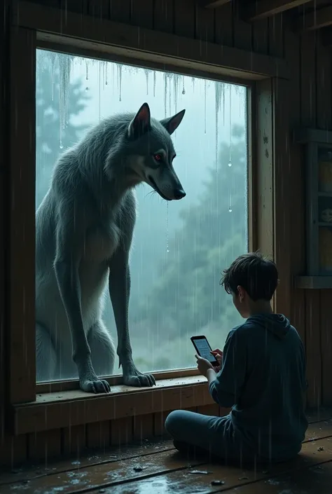 Scp 1471 leaning on a window of a cabin from the outside, appearing sad, while the teenager sitting inside whos been ignoring it plays on his phone, and its raining outside