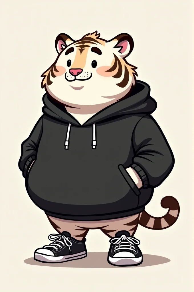 White Fat Cartoon Little Tiger Wearing Black Hoodie Standing 2ft Wearing Sneakers