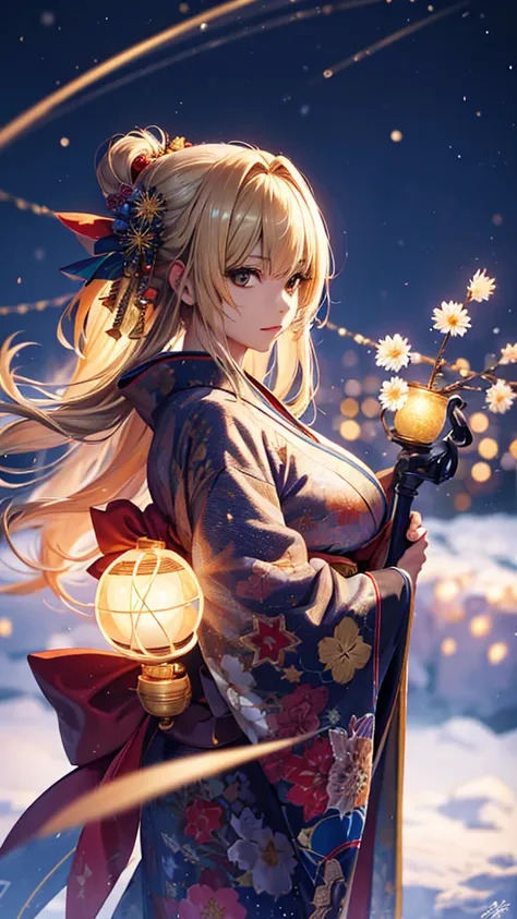       muffler girl   ,                High Quality               , 4K, Beautiful design,  blonde alone         ， 非常に詳細な夜の               starry sky               , Illuminations，          amazing,             fine details,  Knowledgeable woman             ,...