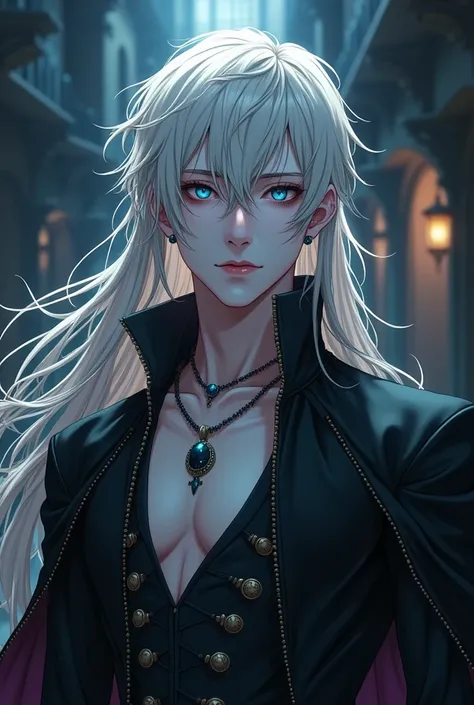 A handsome anime-styled vampire with long white or blond hair and blue or black eyes