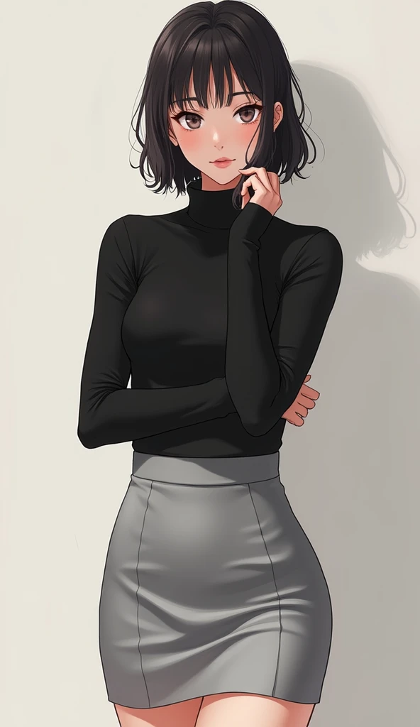 anime girl in a black top and silver skirt posing for a picture, black turtle neck shirt, black turtleneck, black top, black wool sweater, black sweater, wearing a black sweater, korean womens fashion model, thin waist, wearing a dark sweater, thin-waist, ...