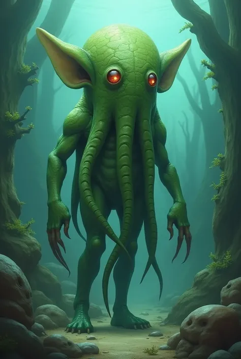  I need a picture of a Grindylow .  This is a humanuid octopus-like creature of greenish color .  He is 1 meter tall and has a thin but strong build ,  his eyes are big and round .  The Grindylow swims in one sight the surrounding stones plants and animals...