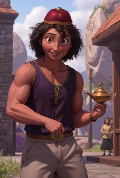 Draw a vivid fantasy scene featuring a young man with dark hair, a small burgundy fez on his head and a playful expression, holding a golden lamp. He is wearing traditional Middle Eastern clothing such as a purple vest and white trousers. 