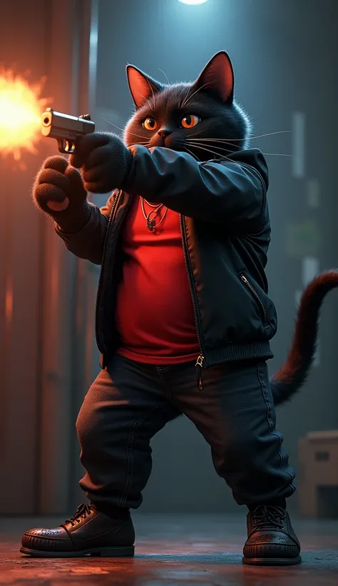 In cinematic 3D style, HD image ,colourful image, realistic image.
Character, muscular body Johnny big black cat wearing red t-shirt black jacket and Black jeans and black shoes
Action,Its getting very late a muscular body Johnny Big Black Cat has a gun in...