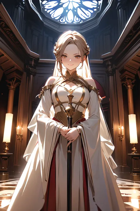 1 girl, (cute face), teenager, various hairstyles, (determined expression), (smiling proudly), medium breasts, slim, (wearing fantasy game style battle dress), floor length, (porcelain skin),  
BREAK  
Royal throne room, ornate decorations, (standing confi...