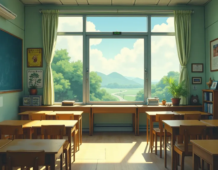 ( Ghibli Studio , photo ), ( vintage ) , ( old poster 90s ) ,anime japan, ( no creature ), middle school classroom, Peaceful , Film Camera View , Nostalgia , noise picture , anime draw , eye-level view , Japanese
