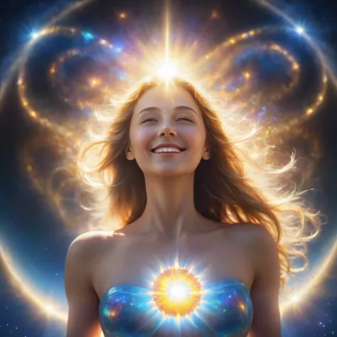 close-up. There is a small sun on the left side of a beautiful womans chest , where her heart is. The small sun is a full moon -like sphere of light that emits intense light around it. She lets out the tiny sun in her heart and delivers it to someone at th...