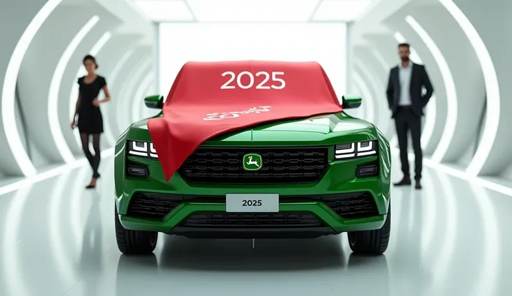 A stunning 16k HD render of the 2025 John Deere pickup luxury car, displayed in a sleek green finish. The futuristic front end showcases an aerodynamic design, a captivating grille with intricate black accents, and a modern pattern. A red-colored cloth ado...